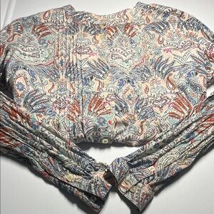 Coldwater Creek Pastel Paisley Square Cotton Button Down Shirt Pleats V-Nexkline